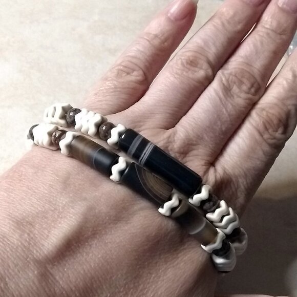 Brown Agate + Jasper & Natural Howlite! Soft Bangle - Stretch Bracelet 6.5-7" - Picture 7 of 7